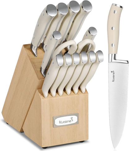 Kuisine Knife Set with Block and Sharpener, High Carbon Stainless Steel Chef Knife block Set for Kitchen（15 PCS Pro White）