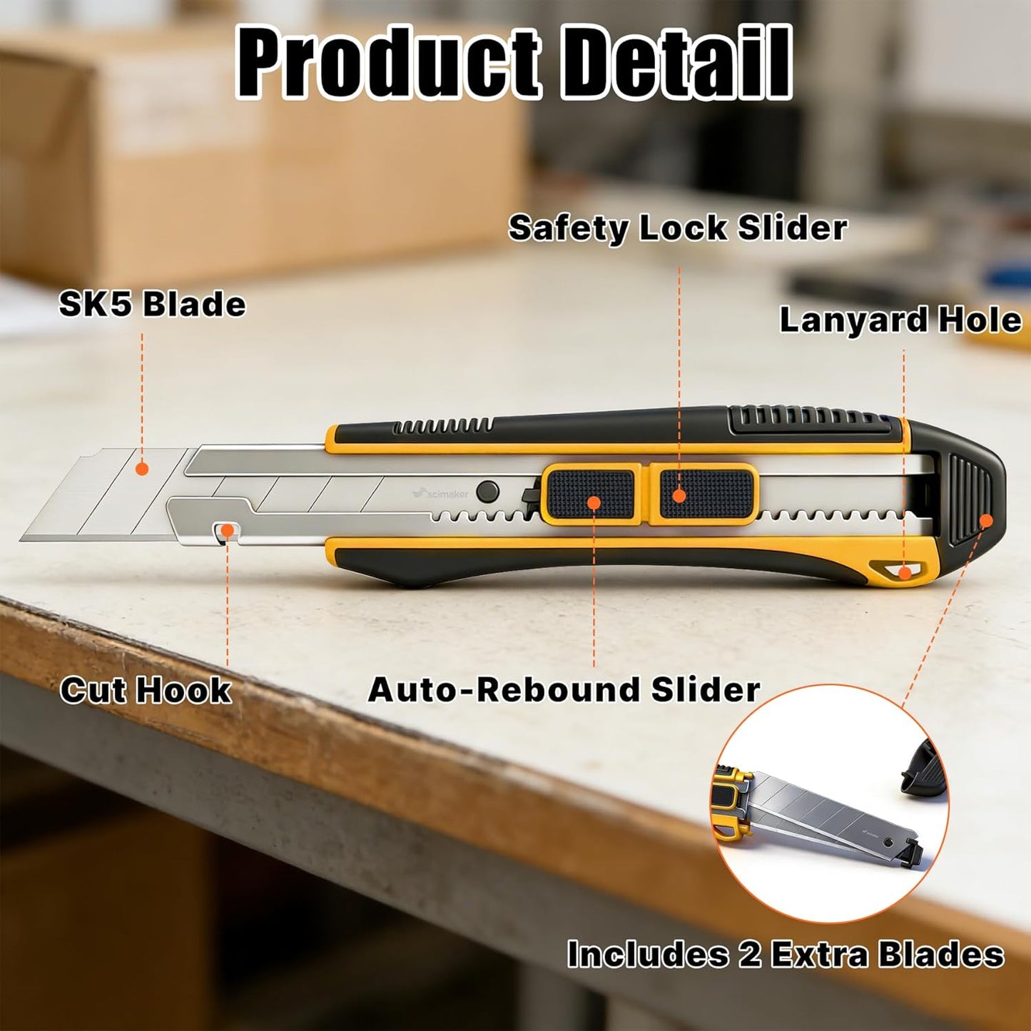 2-In-1 Safety Utility Knife 2 Pack Heavy Duty Retractable Box Cutter Set with 4 extra Wide 25mm Razor Sharp Blades for Cardboard, Boxes, DIY Crafts