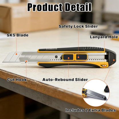 2-In-1 Safety Utility Knife 2 Pack Heavy Duty Retractable Box Cutter Set with 4 extra Wide 25mm Razor Sharp Blades for Cardboard, Boxes, DIY Crafts