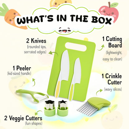 7 Pcs Kids Knife Set for Real Cooking, Toddler Cooking Set Montessori with Recipes Book, Toddler Kitchen Tools for Cooking, Kids Cooking Sets Real - Cutting Board and Knife Set