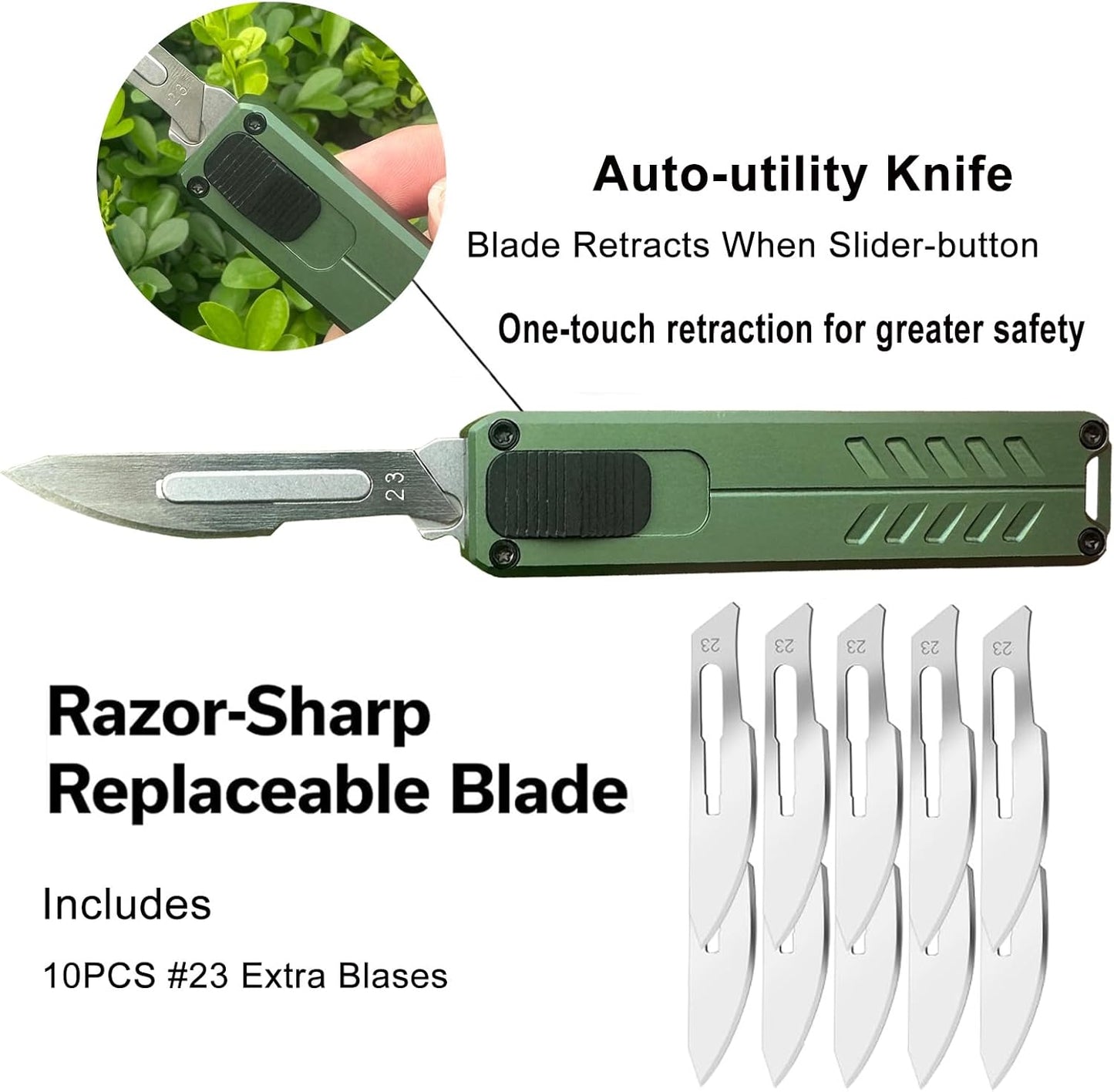 Caressolove Auto Retractable Utility Knife, Safety Black Automatic Box Cutter, Scalpel Pocket Knife, Push Button EDC Razor Knife with 10PCS #23 Blades