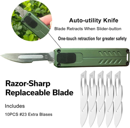 Caressolove Auto Retractable Utility Knife, Safety Black Automatic Box Cutter, Scalpel Pocket Knife, Push Button EDC Razor Knife with 10PCS #23 Blades