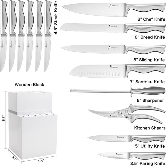 Kangdelun 15-Piece Ultra Sharp Kitchen Knife Set with Wooden Block, Ergonomic Anti-Slip Handle, High-Carbon 50CR15MOV Steel, Upright Design, Shiny Silver