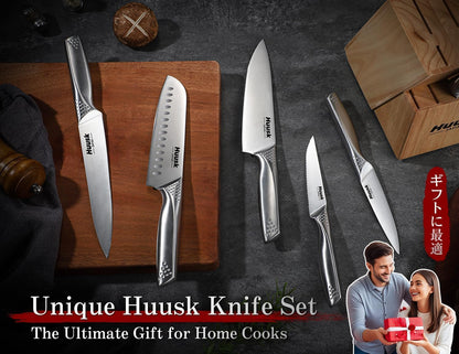 Huusk Knife Set with Block and Sharpener, 14 Pcs Japanese Stainless Steel Kitchen Knife Sets Dishwasher Safe, Sharp Silver Professional Knives Set with Box for Kitchen, Gifts for Men Women