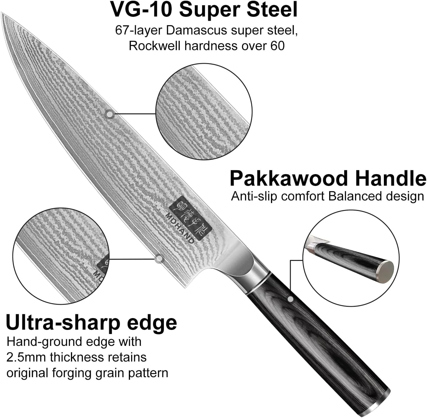 MDHAND Chef Knife 8 Inch, Professional Kitchen Knife, VG10 Steel Japanese Knife with Ergonomic Pakkawood Handle, Ultra Sharp Cooking Knives for Home Kitchen, Gifts for Men and Women
