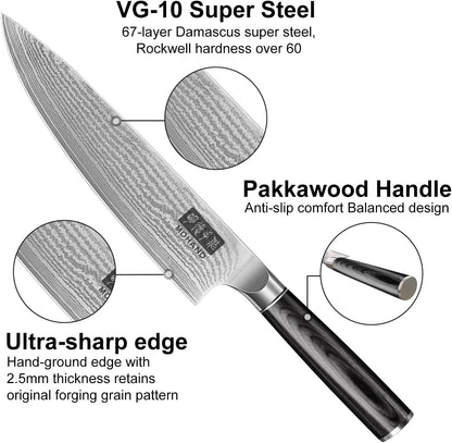 MDHAND Chef Knife 8 Inch, Professional Kitchen Knife, VG10 Steel Japanese Knife with Ergonomic Pakkawood Handle, Ultra Sharp Cooking Knives for Home Kitchen, Gifts for Men and Women