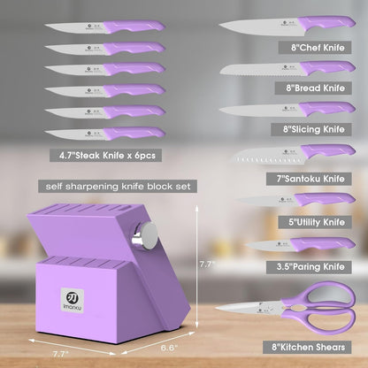 imarku Kitchen Knife Set with Block and Built-in Sharpener, Japanese Stainless Steel 14-Piece Knife Set with Utility Knife, Dishwasher Safe, Non-Slip Ergonomic Handles, Essential Gift for Home Cooks