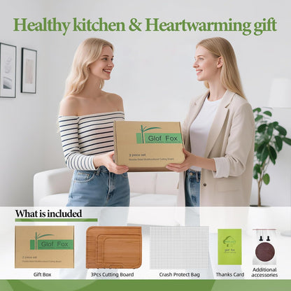 3-PCS Wood Cutting Board Set with Innovative Stand - Durable Double Sided Bamboo Cutting Board with Juice Groove & Handle for Meal Prep, Meat Charcuterie Serving, Eco-Friendly Healthy Kitchen Gift
