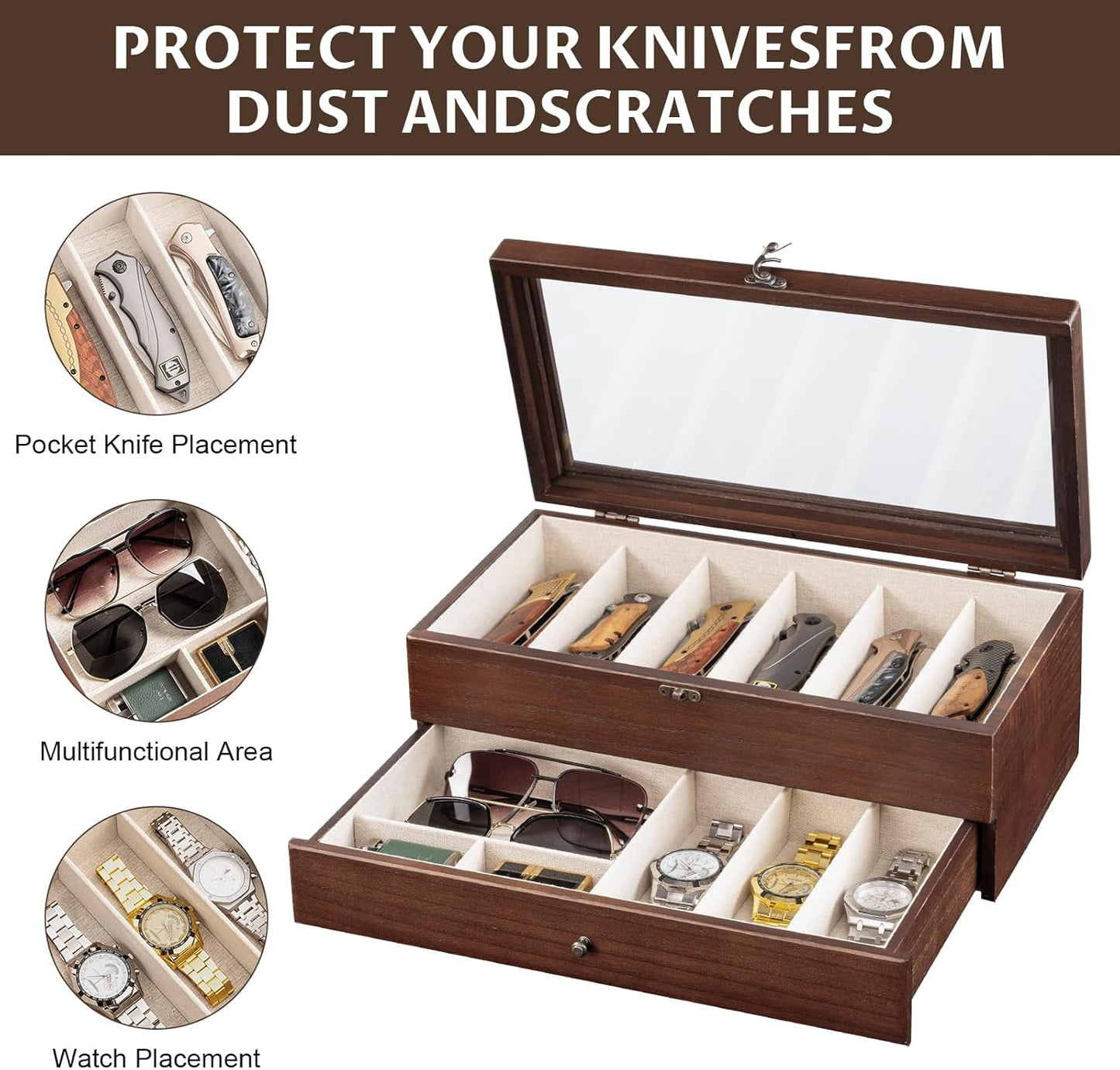 Knife Display Case, 3-Layer Pocket Knife Case Display & Storage Knives, Solid Wood Knife Case for Collections, Gift for Boyfriend Fathers Day Birthday Gifts(Black)