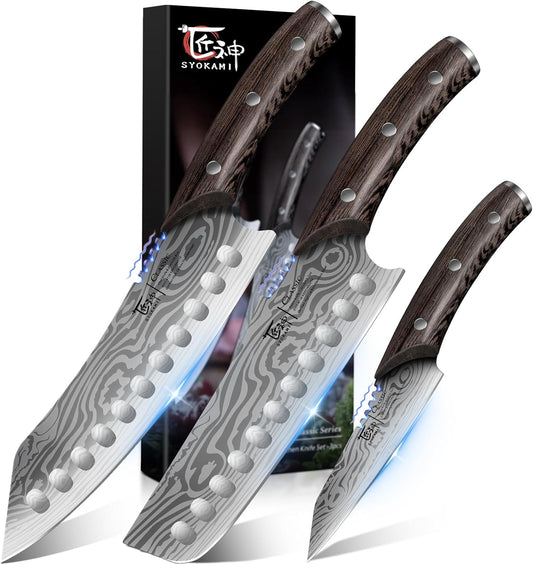 SYOKAMI Kitchen Knife Set, 3-Piece Japanese Style Chef Knives Set (8.2" Kiritsuke, 7.2" Nakiri, 4" Paring) for Precision Cutting, Damascus Pattern, Ergonomic Full Tang Wooden Handle, Cooking Gifts