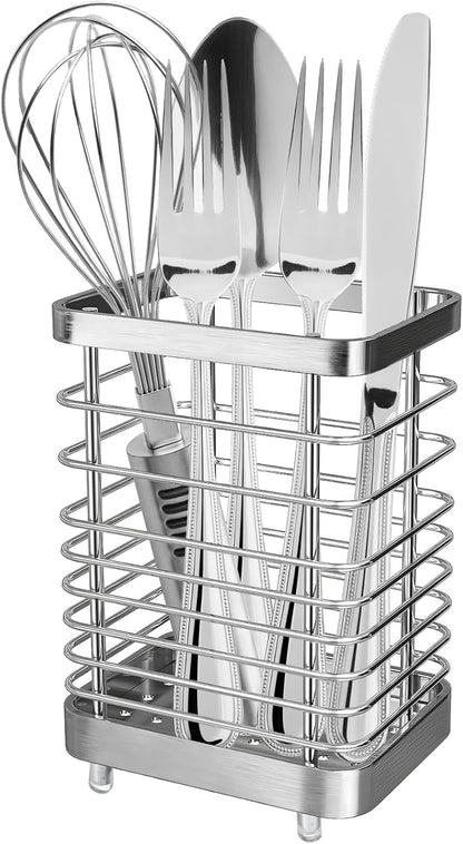 Utensil Holder, Stainless Steel Utensil Drying Rack for Kitchen Counter, Silverware Cutlery Flatware Holder Forks, Knives, Spoons, Chopsticks Organizer (Silver)