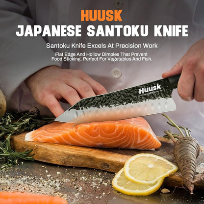 Huusk Japanese Chef Knife Set - Hand Forged Kitchen Knives for Meat Cutting - ATS-34 Carbon Steel Knives Set with Wooden Handle - Viking Cooking Knife Sets for BBQ Christmas Gift for Men and Women