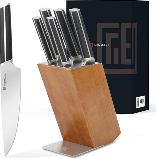 Knife Set, 7 Piece Sharp Chef Knife Set with Solid Wood Block, Unique One-Sided Magnetic Design, Full-tang Stainless Steel Knife Block Set for Home and Restaurants, Elegant Black