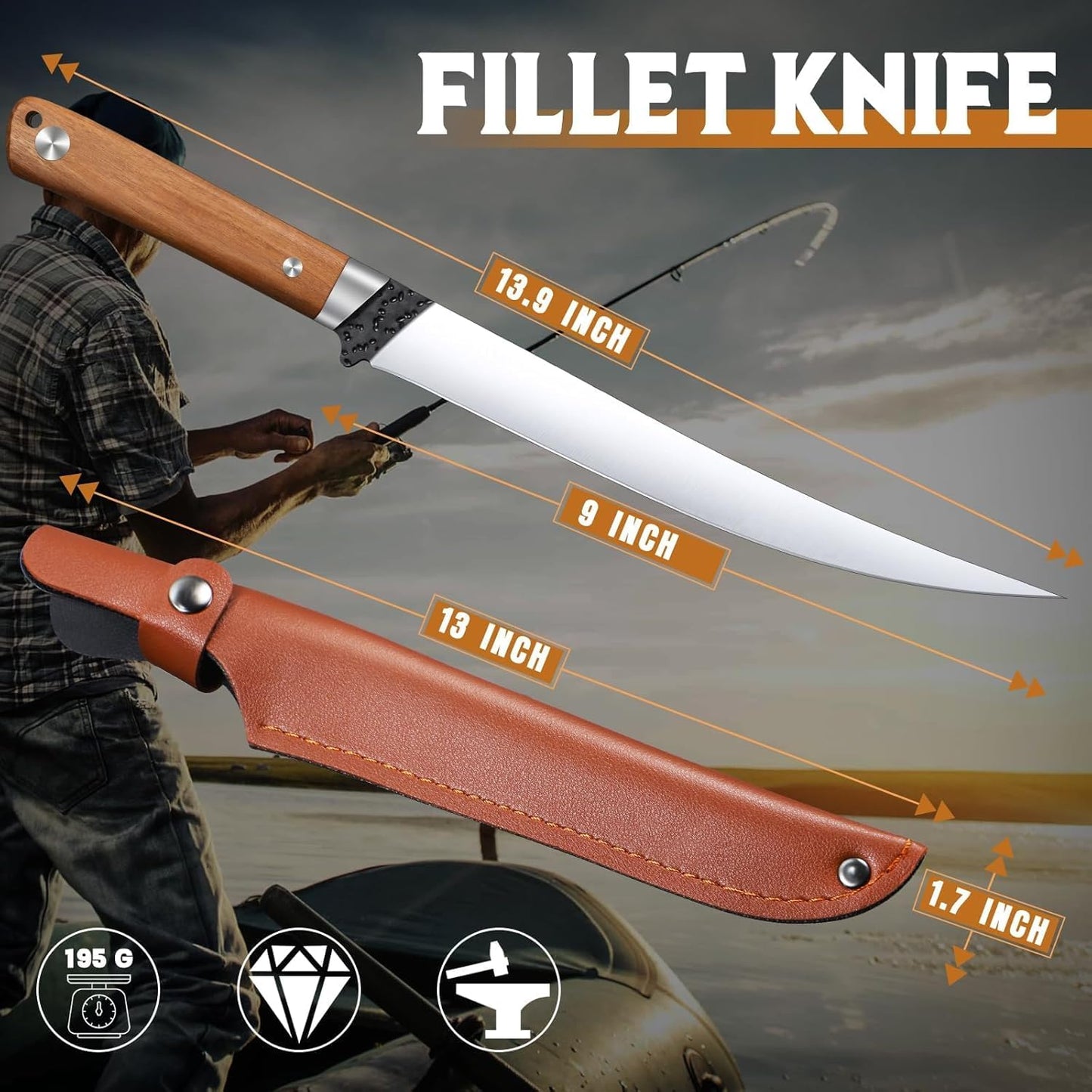 Huusk 9 inch Fillet Knife - Sharp Japanese Fillet Knife for Fish - Professional Flexible Boning Knives for Meat Cutting Trimming - Gift for Men and Women