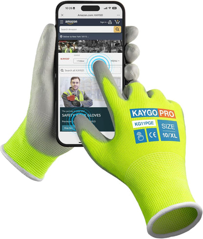 KAYGO Work Gloves for Men and Women,12 Pairs Seamless Knit PU Coated Safety Gloves, with Smooth Grip on Palm and Fingers, Ideal for Light Warehouse, Manufacturing, Gardening, KG11P (M, Black)