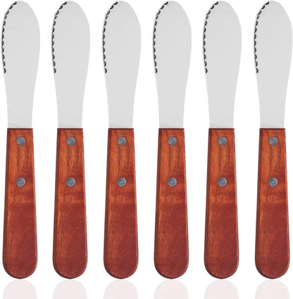 DaKuan 8 Inch, 6 Pack Stainless Steel Straight Edge Wide Butter Spreader with Wood Handle, 8 Inch Sandwich Cream Cheese Condiment Knives