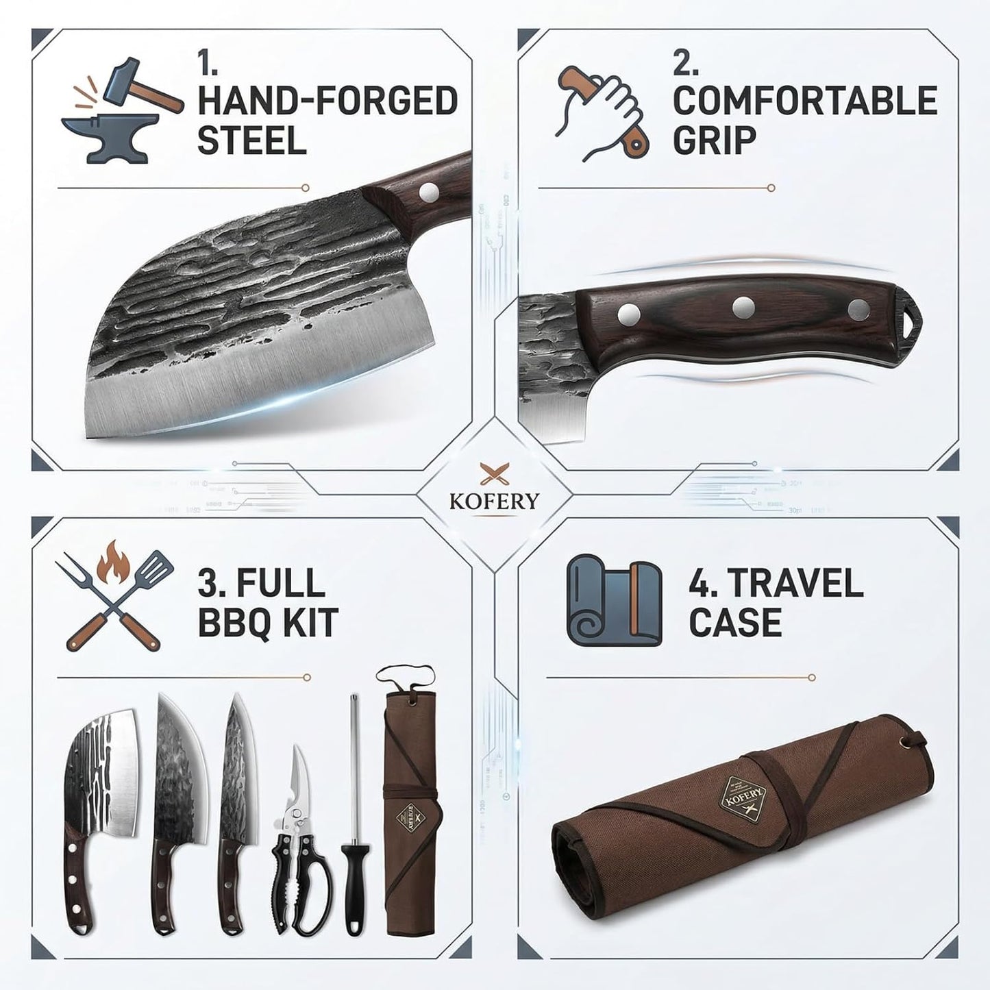 KOFERY Damascus Steel Butcher Knife Set with Full Tang Blades for Pit Master BBQ Meat Carving, Smoking Meat & Game Processing with Canvas Knife Roll for Camping, Gift for Men