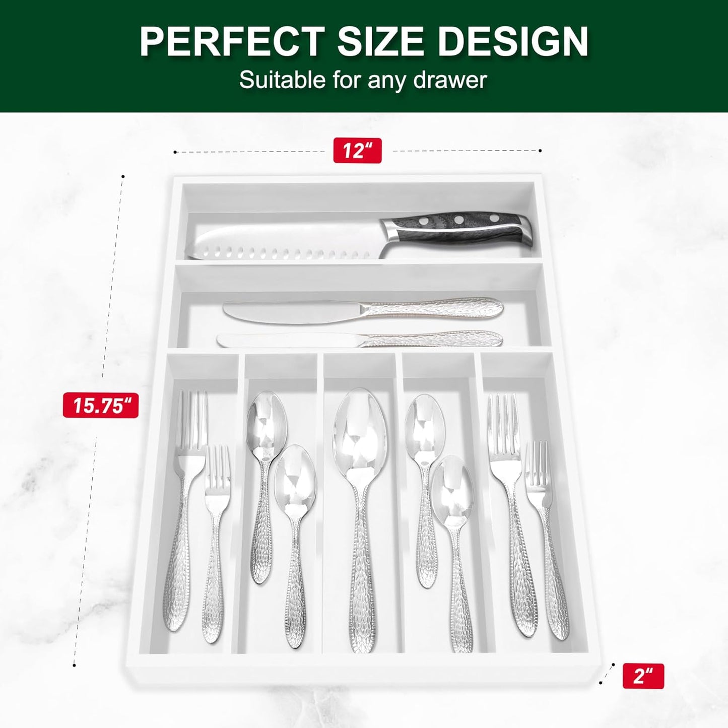 Bellsal Natural Utensil Organizer 12.5 Inch Silverware Organizer for Drawer Utensil Holder Cutlery Organizer Kitchen Drawer Organizer 7 Compartment Small Narrow Bamboo