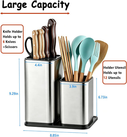 Universal Knife Block, 3-in-1 Stainless Steel Knife Holder and Utensil Holder, Extra Stable Non-Slip Base Kitchen Organizer for Countertop Storage, Space Saving Caddy for Knives, Spoons, Fork