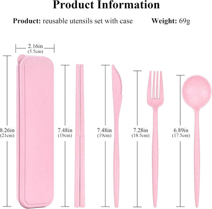 DISSKNIC Reusable Utensils Set with Case, 6 Sets Travel Utensils with Case, Wheat Straw Portable Cutlery Set Chopsticks Knives Fork and Spoon for Lunch Box Accessories