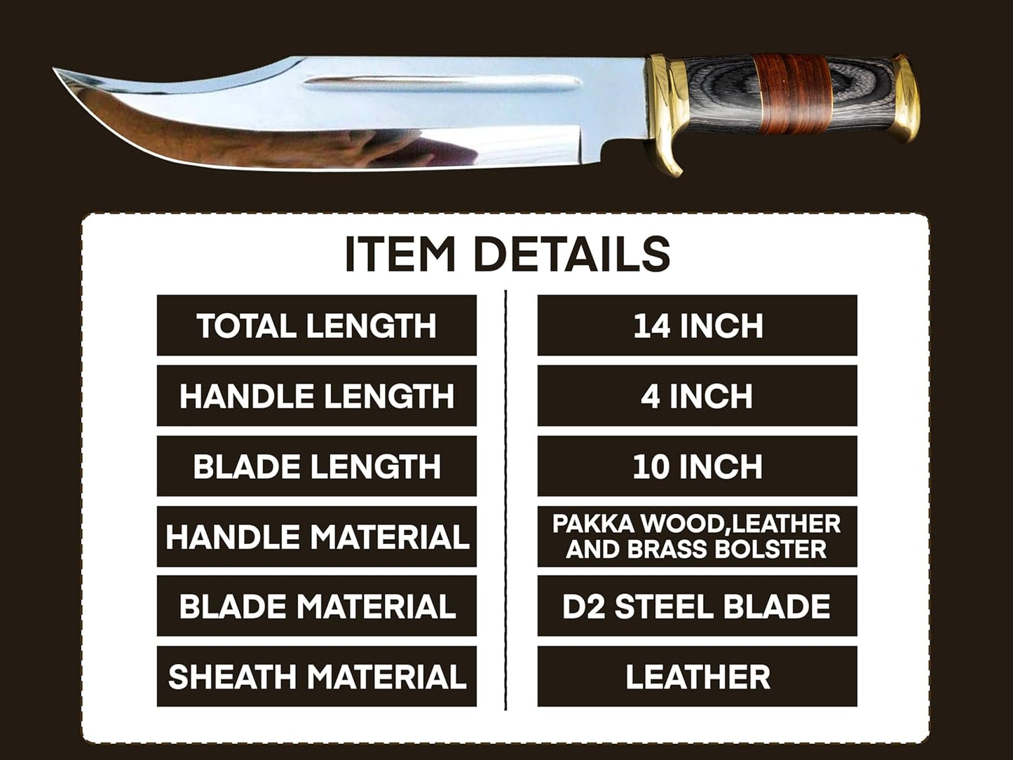 14" Crocodile Dundee Bowie Knife with Sheath-Hunting Knife with Sheath-Mirror Polished Survival Tactical Knife,Cuchillos de caza for Camping, Outdoor, Bushcraft- Knives for Men