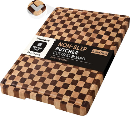 3 Packs Cutting Boards for Kitchen Checkered Cutting Board Acacia Wood Charcuterie Board Serving Heavy Duty Non Toxic Slip Butcher Block Wood Chopping Board with Juice Grooves Handles