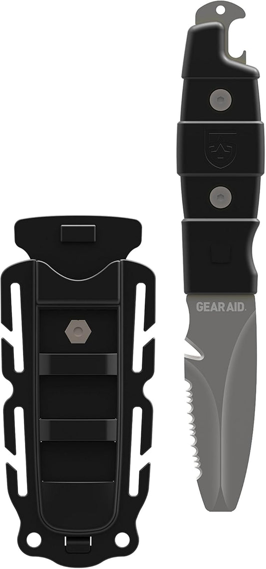 GEAR AID Akua Blunt Tip Paddle Knife with Serrated Blade and Quick Release Sheath, Titanium-Coated 3” Blade