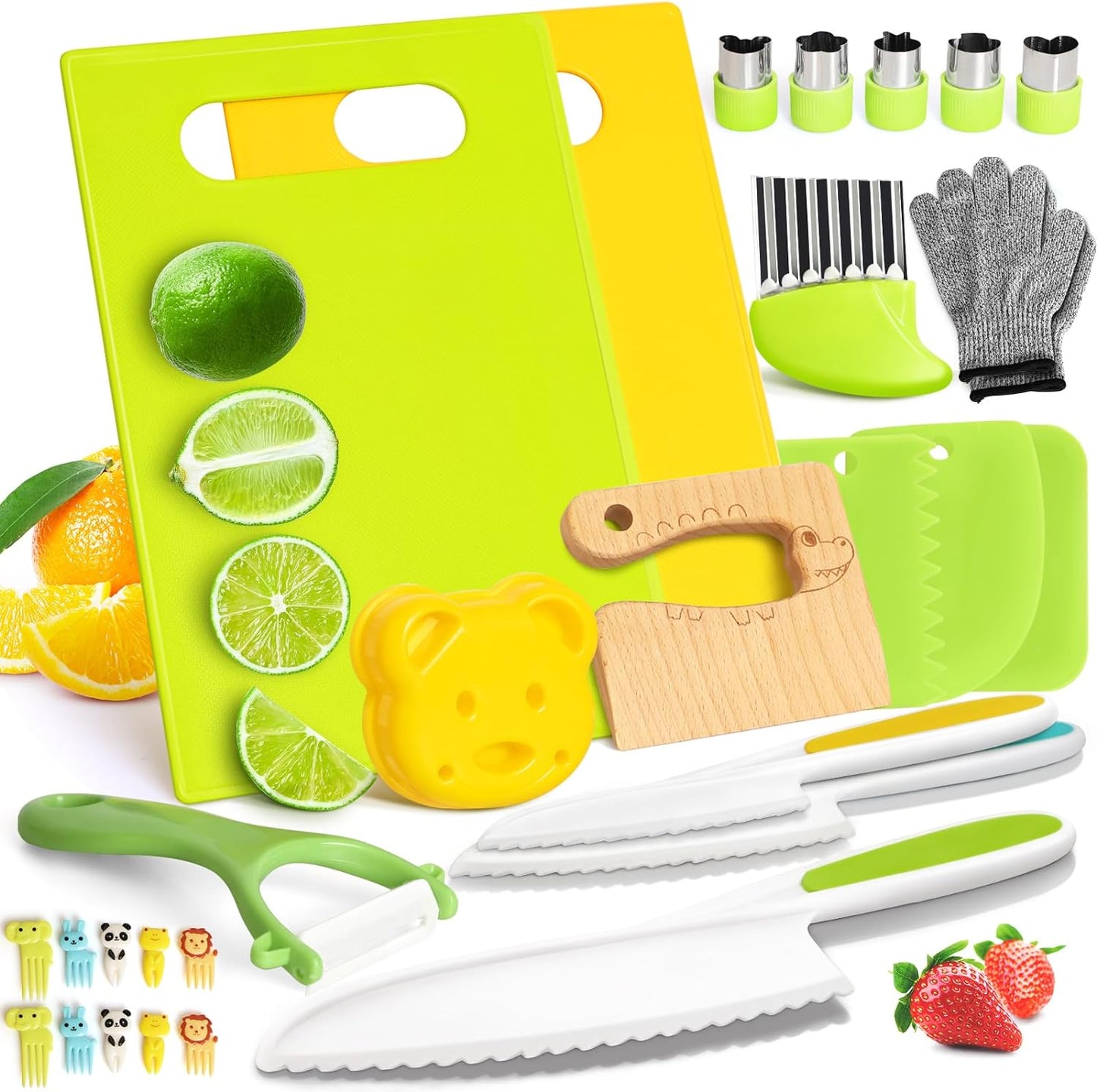 50PCS Kids Kitchen Cooking Set - Crocodile Wooden Kid Safe Knife Cutting Board Apron Gloves Fruit Vegetable Crinkle Cutters Peeler Serrated Edges Plastic Toddlers Knives, Kids Knifes for Real Cooking