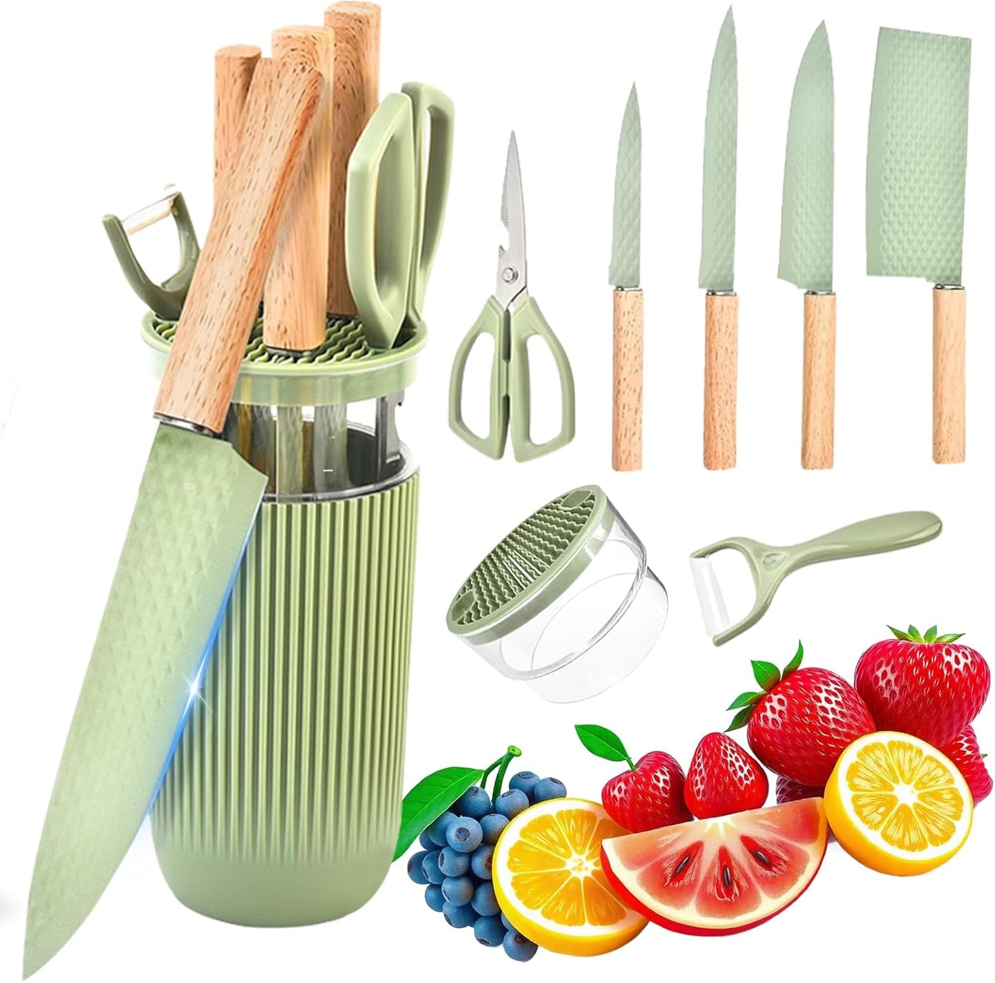 Kitchen Knife Set with Block, 7-Piece Kitchen Knife Set for Chef with Universal Knife Block, Anti-Rust Kitchen Knife Block Set, Ergonomic Design