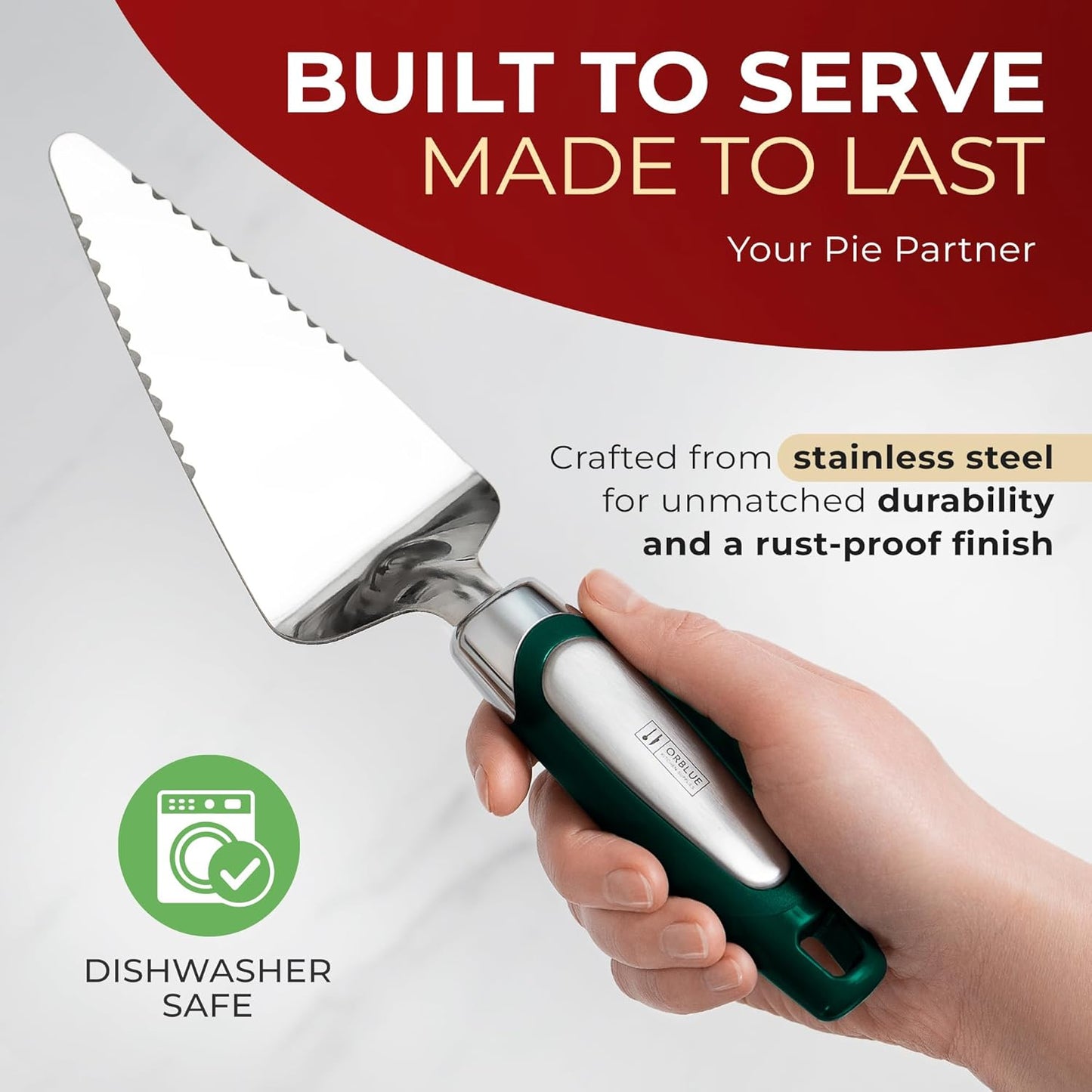 Orblue Pie Server, Essential Kitchen Tool, Serrated on Both Sides, Great for Right or Left Handed Chef, Stainless Steel Flatware , Cake Cutter,White