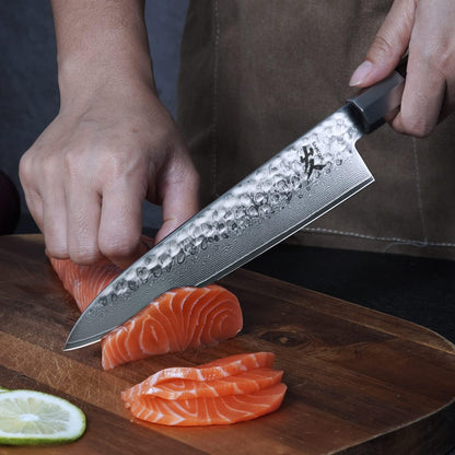 SAMCOOK Japanese Chef Knife - 8 Inch Professional Hammered Finish Damascus Gyuto Knife,VG10 Damascus High Carbon Steel Kitchen Cooking knife,Ergonomic Octagonal Ebony Handle with Gift Box