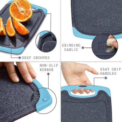 Viretang Plastic Cutting Boards Set of 3 for Kitchen, Thick Chopping Board with Deep Juice Grooves, Non‑Slip Feet, Easy Grip Handle, BPA Free, Dishwasher Safe,Black