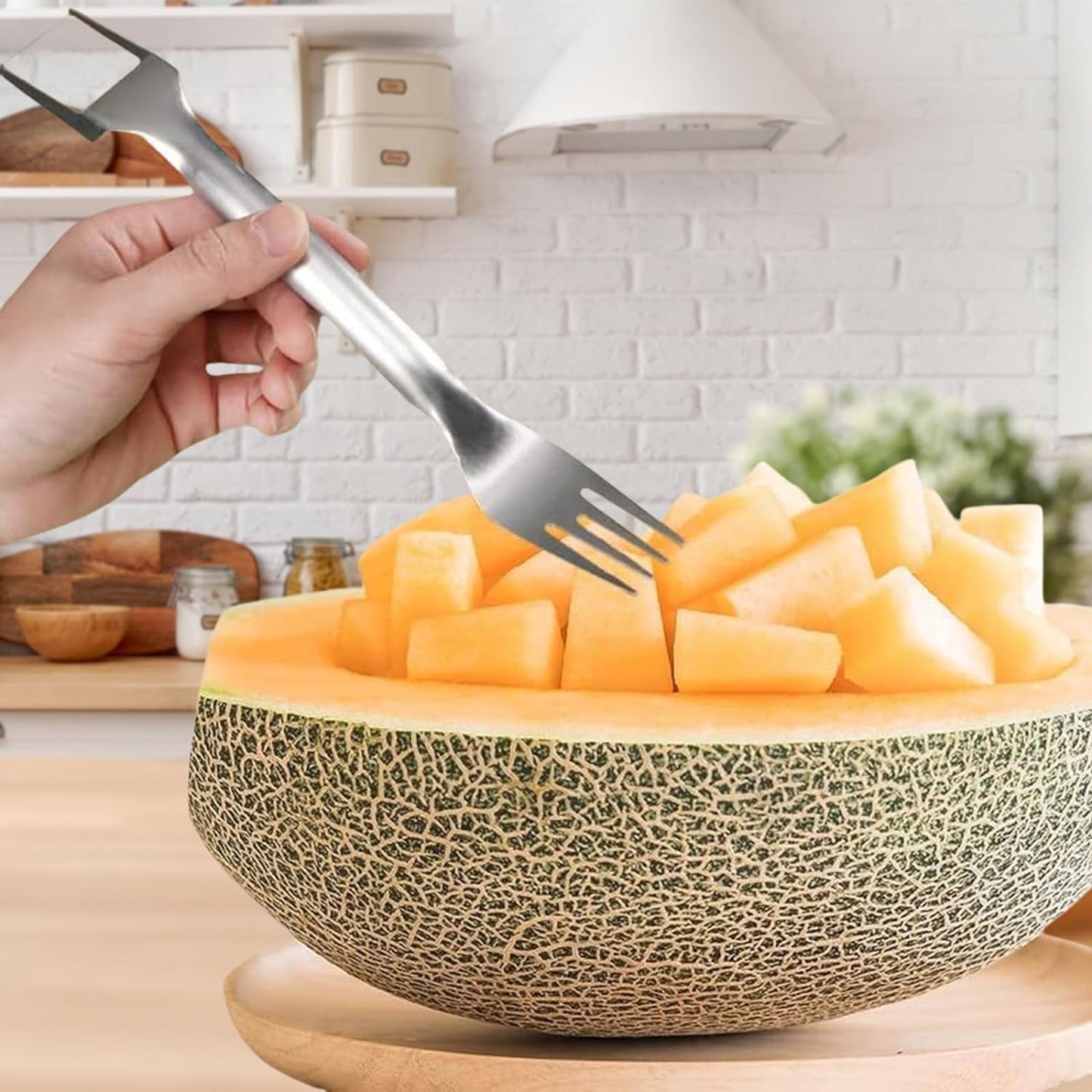 Watermelon Cutter, 2-in-1 Stainless Steel Fruit Cutter, Dual Head Watermelon Fork Slicer Tool, Summer Fruit Cutting Kitchen Gadget for Home (2PCS)