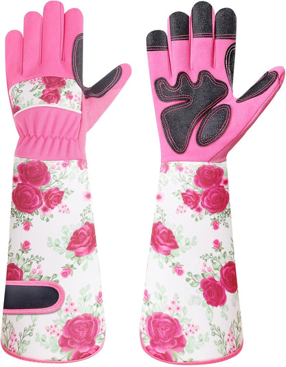 DLY Gardening Gloves for Women, Rose Gloves Gardening Thorn Proof, Long Garden Gloves for Women, Breathable Cowhide Leather Gauntlet (Medium, Blue)