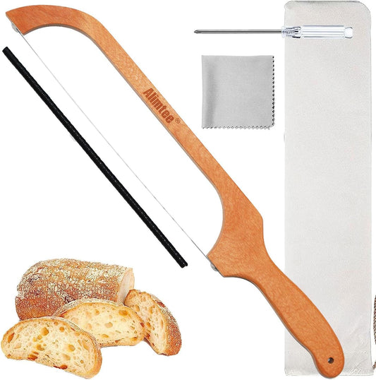 Bread Knife, 16" Wooden Serrated Bagel Knife, Fiddle Bow Design Easy to Cutting, Sourdough Cutter for Homemade Bagels, Bread, Baguettes and More - Premium Stainless Steel
