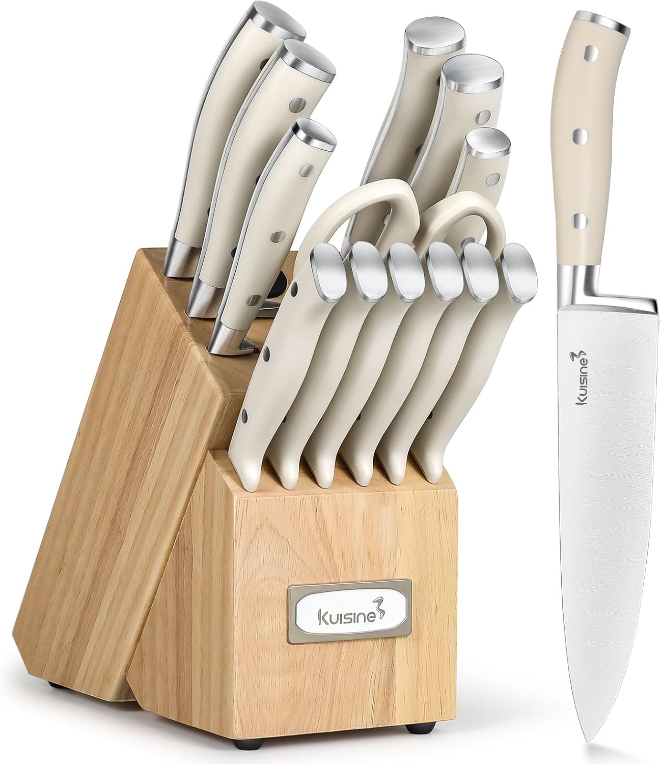 Kuisine Knife Set with Block and Sharpener, High Carbon Stainless Steel Chef Knife block Set for Kitchen（15 PCS Pro White）