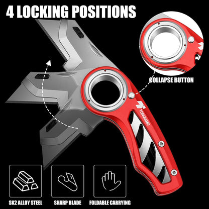 Tondiamo 4 Pcs Folding Pocket Utility Knife Heavy Duty Box Cutter Folding Razor Knife with Anti Slip Finger Loop Easy Change Blades 3 Lock Positions Design (Yellow,Red,Black,Green)