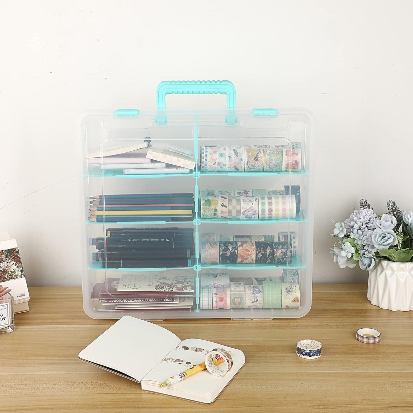 BTSKY Clear Plastic Dividing Storage Box with 4 Compartments Adjustable Storage Bin with Lid Plastic Craft Storage Container Multipurpose Sewing Box Art Supply Organizer, 13.3x8.1x3.4 Inches