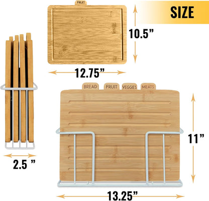 Acacia Cutting Boards for Kitchen with Holder 13" x 11" x 2.5" | Labeled Wood Cutting Board Sets | Large Wooden Cutting Board Set of 4 with Black Organized Stand | Non Toxic Chopping Board