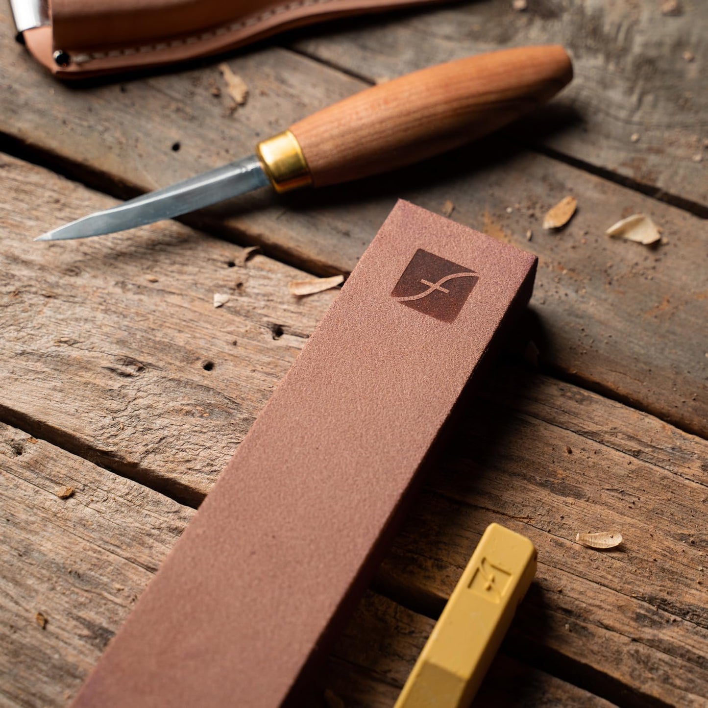 Wood Carving Tools | 8" x 2" Leather Knife Strop with 1 Ounce Bar of Gold Polishing Compound for Polishing and Buffing | PW14 | Made in the U.S.A.