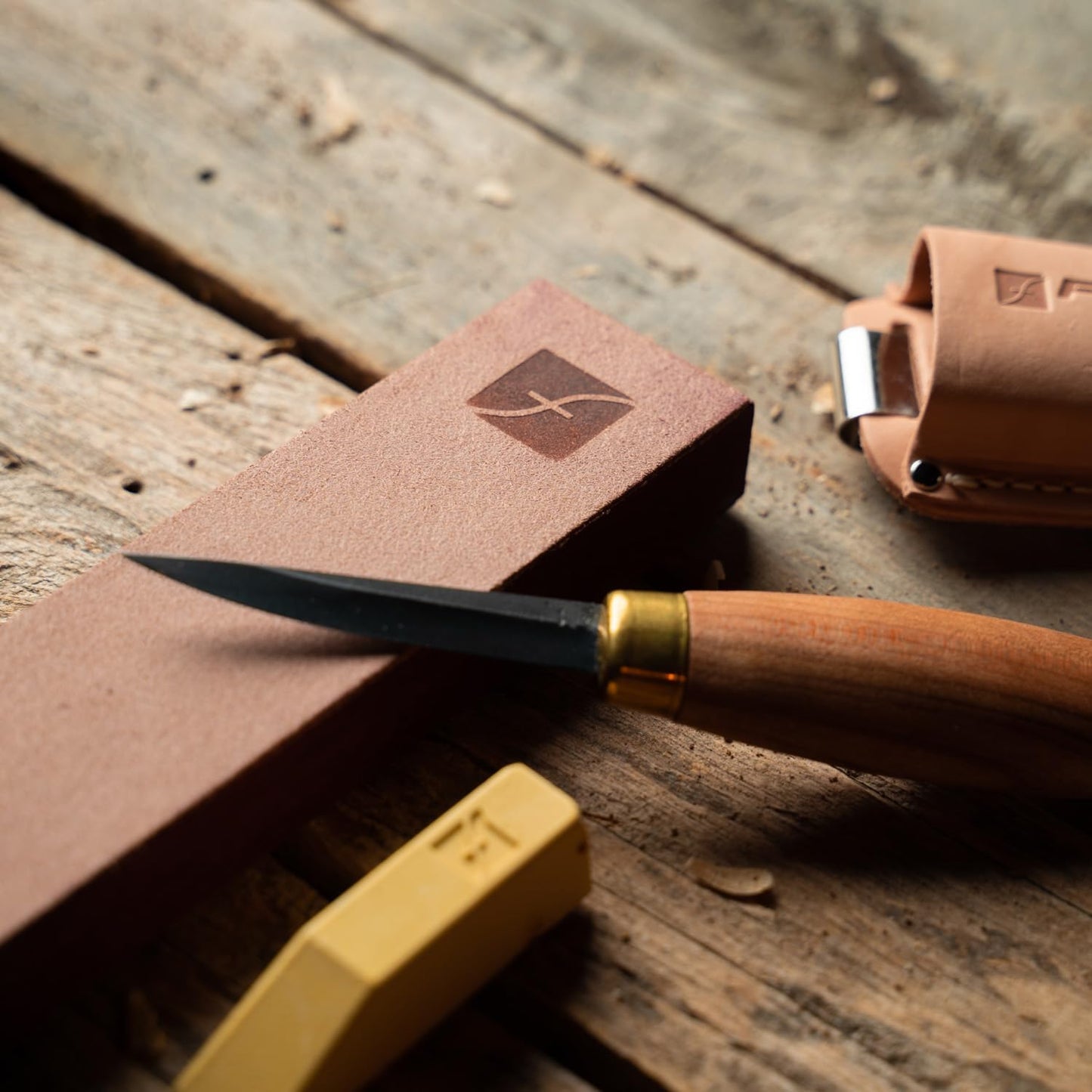 Wood Carving Tools | 8" x 2" Leather Knife Strop with 1 Ounce Bar of Gold Polishing Compound for Polishing and Buffing | PW14 | Made in the U.S.A.