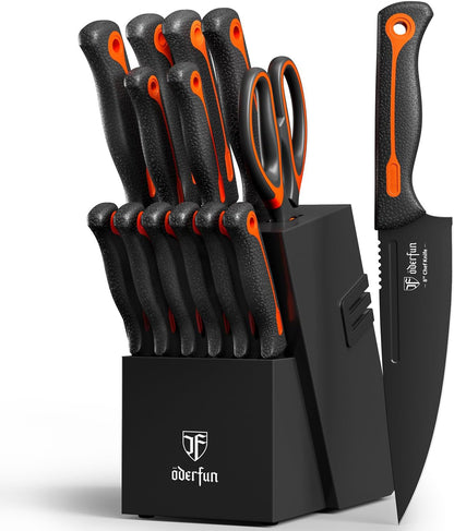 Knife Block Set -15 PCS Dishwasher Safe Kitchen Knife Set, High Carbon Stainless Steel, Razor-Sharp knives set with sharpener, Non-Slip Handles, Elegant Box for Her Him Women Dad Father