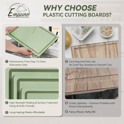 Empune 3-Piece Plastic Cutting Boards for Kitchen - Thick & Non-Slip Chopping Board Set with Juice Grooves, Dishwasher Safe, BPA Free, Includes Large & Small Sizes, Gray