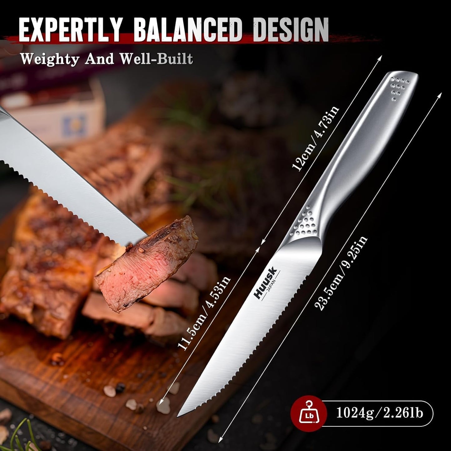 Huusk Serrated Steak Knives Set, 4.5" Japanese Stainless Steel Steak Knives Set of 8, Sharp Dishwasher Safe Dinner Knife for Kitchen Table with Gift Box, Christmas Gifts for Men Women