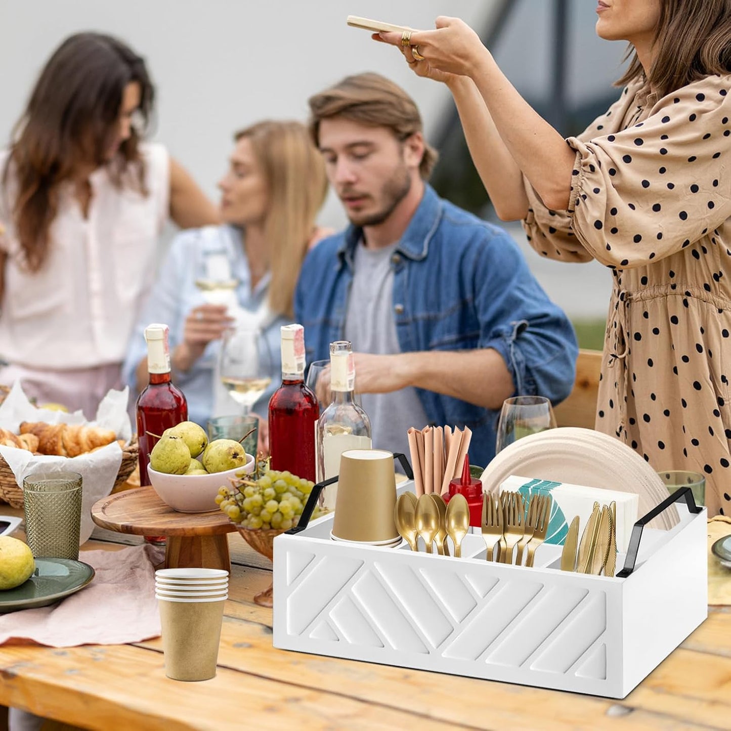 Ukonvi Paper Plate Dispenser, Paper Plate Holder for Kitchen Counter, Wood Rustic Silverware Utensil Caddy, Cutlery Flatware Organizer Box for Cups Spoons Forks Plates Napkins, Kitchen Accessories