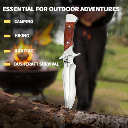 Purple Dragon Camping Fixed Blade Knife with Sheath,6 Inch Outdoor Knife Full Tang 440C Steel Bushcraft Knives with Redwood Handle-Outdoor Gear Christmas Gift for Men and Women Black