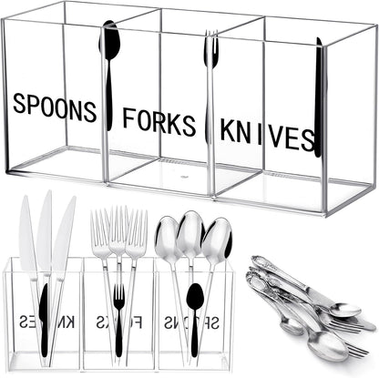 Suzile Acrylic Cutlery Storage Organizer Plastic Utensil Holder Clear Silverware Organizer 3 Section Tableware Storage Box Countertop Fork Spoon Knife Holder Party Flatware Caddy for Kitchen Storage