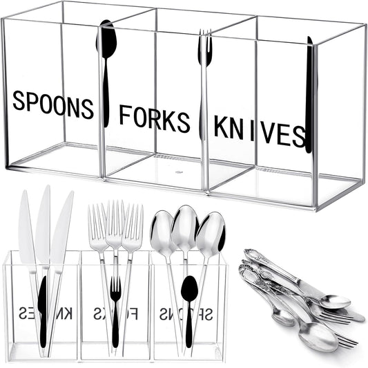Suzile Acrylic Cutlery Storage Organizer Plastic Utensil Holder Clear Silverware Organizer 3 Section Tableware Storage Box Countertop Fork Spoon Knife Holder Party Flatware Caddy for Kitchen Storage
