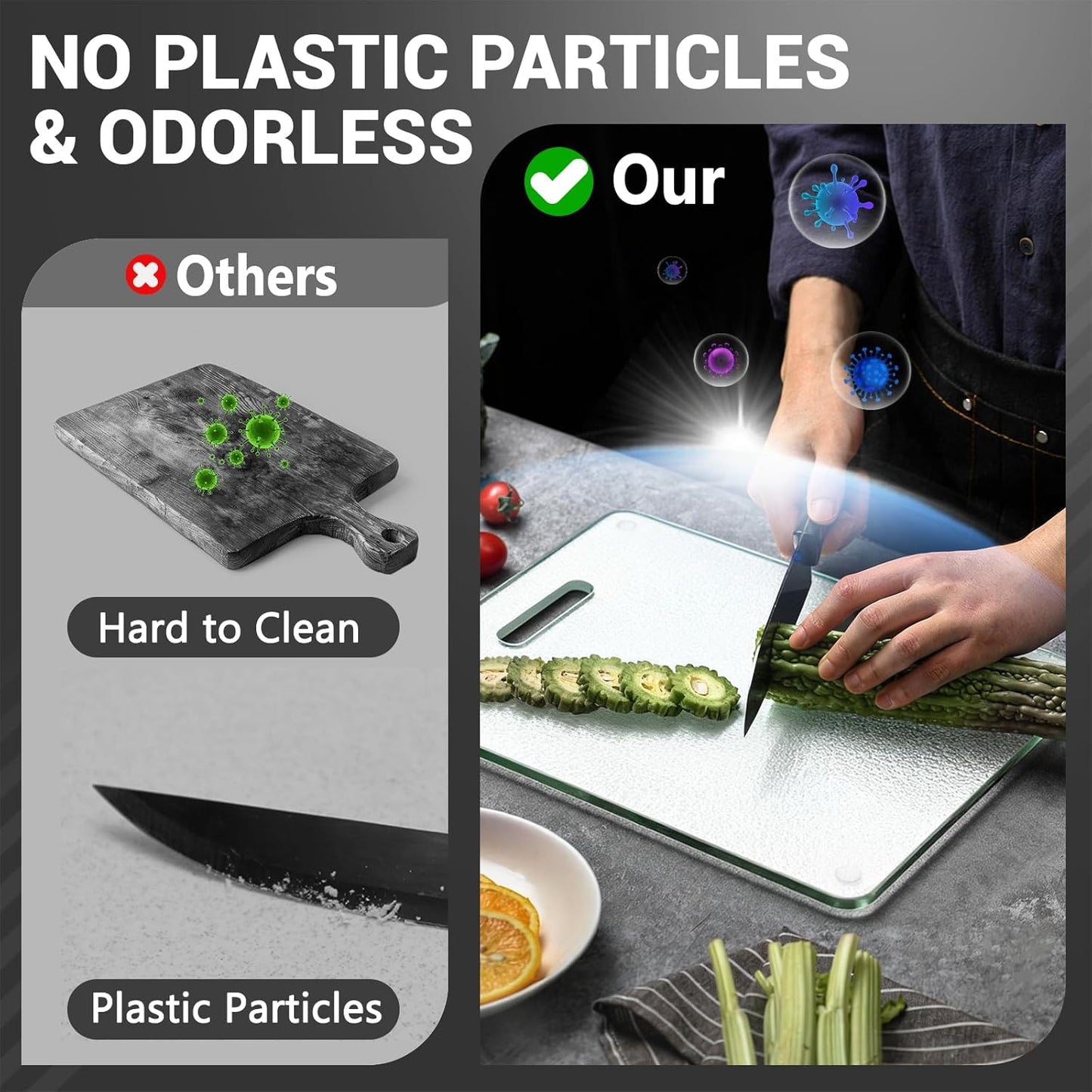 Tempered Glass Cutting Board for Kitchen, 2PCS Clear Chopping Board with Handle (16"x12" & 12"x8"), Plastic Free, Scratch Resistant, Heat Resistant, Dishwasher Safe, Non-toxic, Easy to Clean