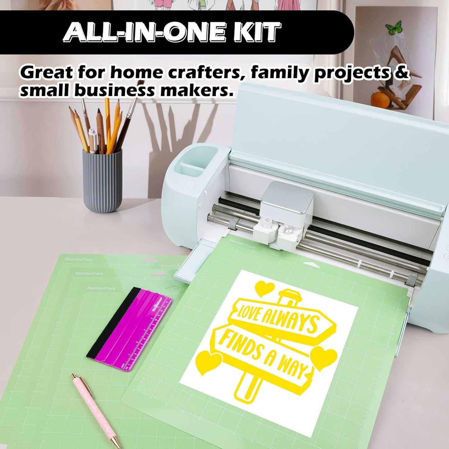 TECKWRAP 4 Pack 12"x12" Green Standard Adhesive Cutting Mats, with Precision Vinyl Pin Pen & 6 Inch Squeegee - Ideal for HTV, Vinyl, Quilting & Crafting, Compatible with Popular Cutting Machines